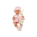 Baby doll in a bunny carrier in a pink checkered outfit