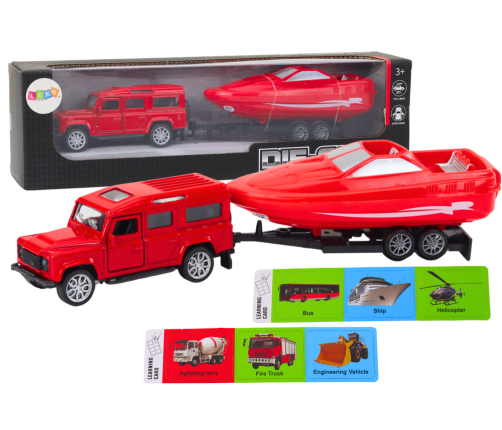 Off-road car with trailer and motorboat, red metal