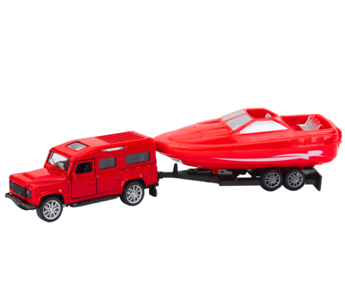 Off-road car with trailer and motorboat, red metal