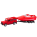 Off-road car with trailer and motorboat, red metal