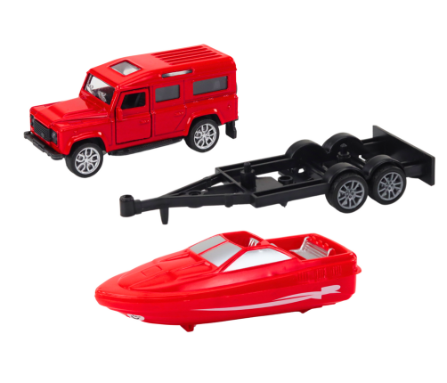 Off-road car with trailer and motorboat, red metal