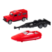 Off-road car with trailer and motorboat, red metal