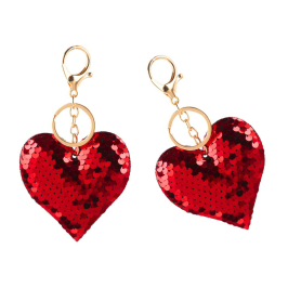 Heart Keychain Sequins Double Sided Silver Red