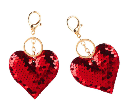 Heart Keychain Sequins Double Sided Silver Red