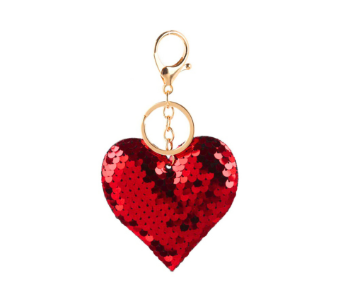 Heart Keychain Sequins Double Sided Silver Red