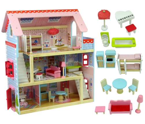 Wooden Marika Dolls' House with Opening Windows Three Storeys Balcony Furniture