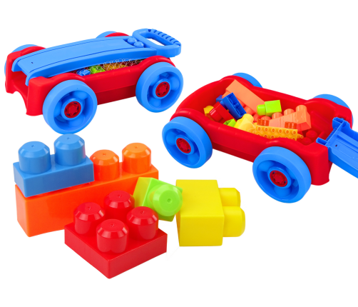 Set of blocks in a blue and red wheeled cart