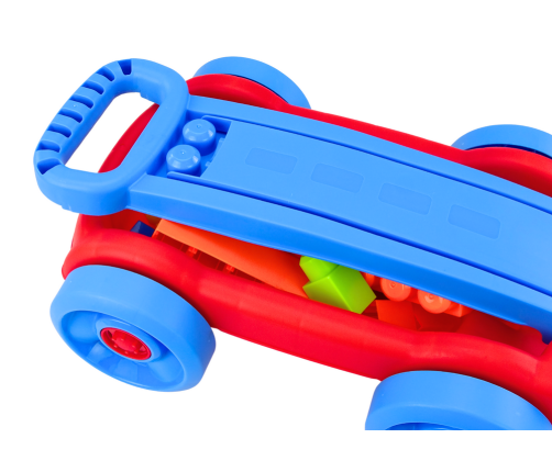 Set of blocks in a blue and red wheeled cart