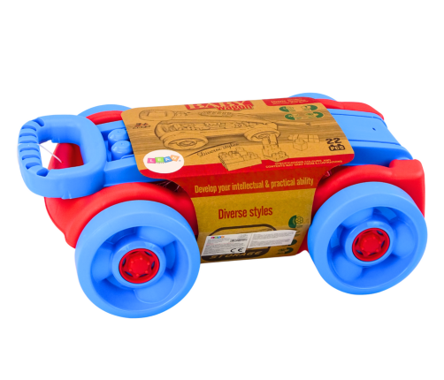 Set of blocks in a blue and red wheeled cart