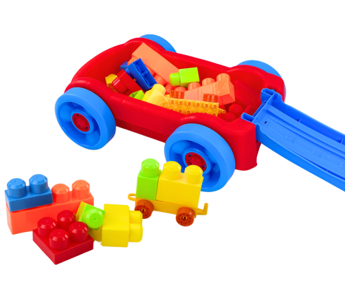 Set of blocks in a blue and red wheeled cart