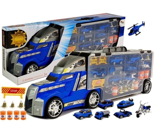 Truck with cars. Police. Garage. Suitcase. Game board