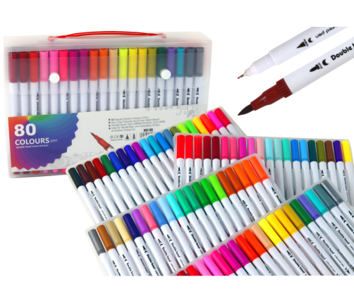 Set of 80 colored marker pens in an organizer