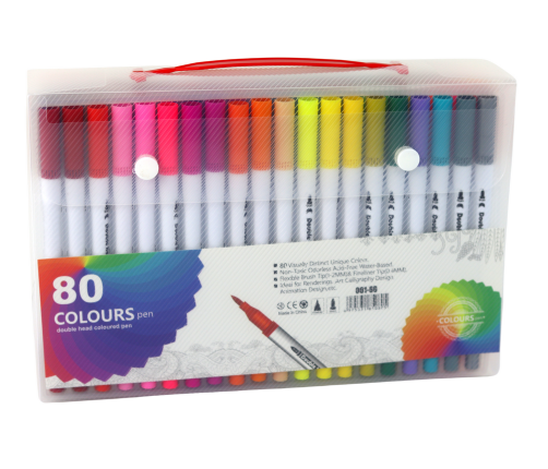 Set of 80 colored marker pens in an organizer