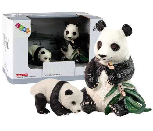 Set of 2 Panda Figures with young Panda and bamboo leaves