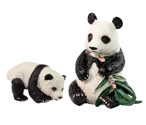 Set of 2 Panda Figures with young Panda and bamboo leaves