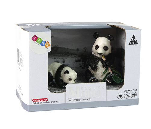 Set of 2 Panda Figures with young Panda and bamboo leaves