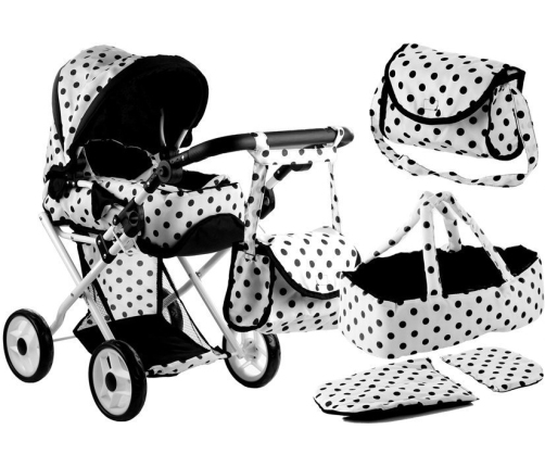 Doll Bogie and Stroller Alice- with Carrier, Bag and Bedding White with Black Dots