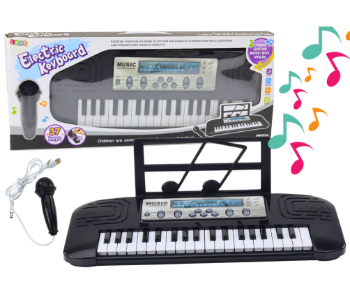 Electric Piano for Children, Microphone Stand, Black