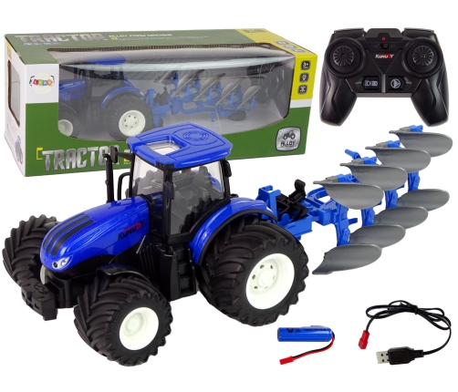 Remote Controlled Tractor 1:24 Blue Plough Metal