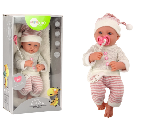 Baby doll, sweater, striped hat, pink pacifier