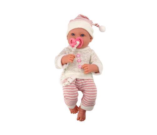 Baby doll, sweater, striped hat, pink pacifier