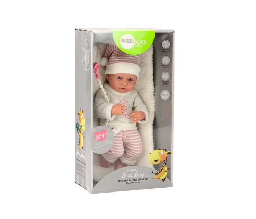 Baby doll, sweater, striped hat, pink pacifier