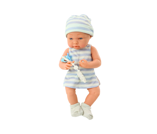 Baby doll in blue and white clothes, hat, pacifier, bib, quilt