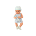 Baby doll in blue and white clothes, hat, pacifier, bib, quilt