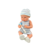 Baby doll in blue and white clothes, hat, pacifier, bib, quilt