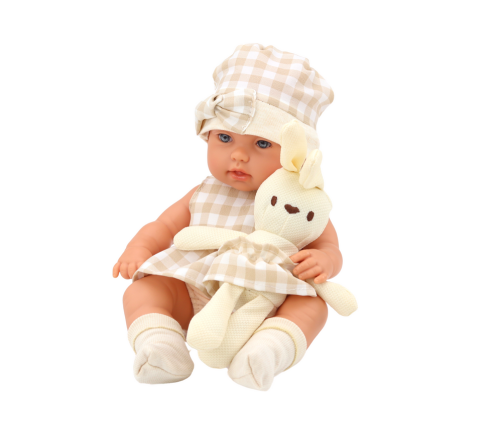 Baby doll in a carrier, a bunny, in a checkered outfit, beige