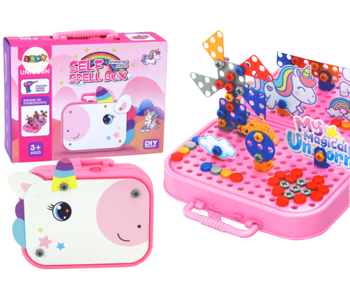 Puzzle Set DIY Suitcase Unicorn Bricks Pink 227 pieces.