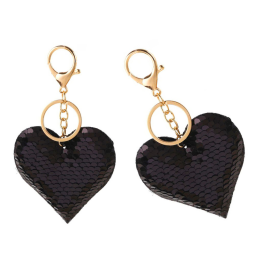 Heart Sequins Keychain Double-Sided Silver Black