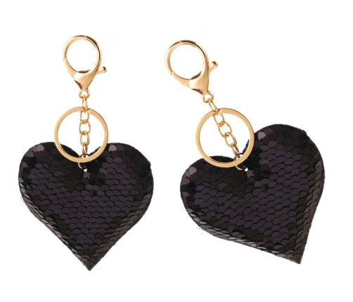 Heart Sequins Keychain Double-Sided Silver Black