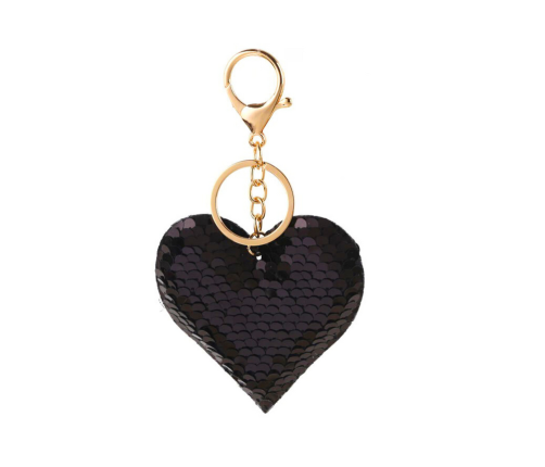 Heart Sequins Keychain Double-Sided Silver Black