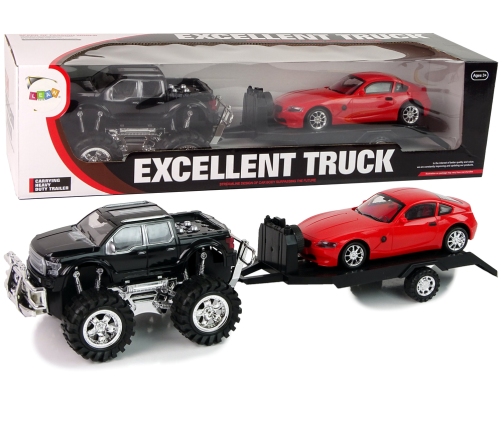 Set of Vehicles Black Monster Truck White Caravan 58 cm