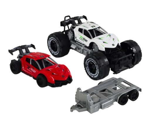 Set: White Off-Road Car, Red Sports Car, Tow Truck