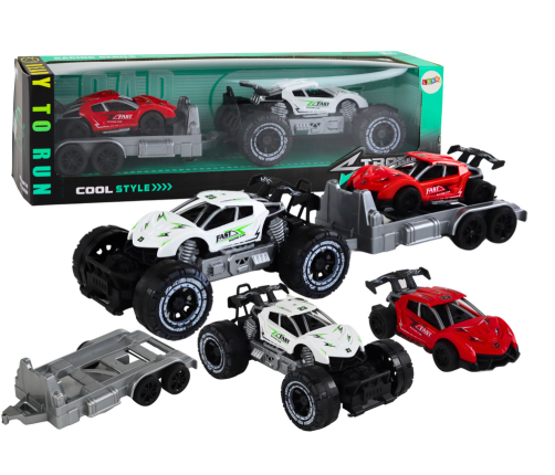 Set: White Off-Road Car, Red Sports Car, Tow Truck