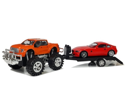 Set of Vehicles Orange Monster Truck Red BMW Caravan 58 cm