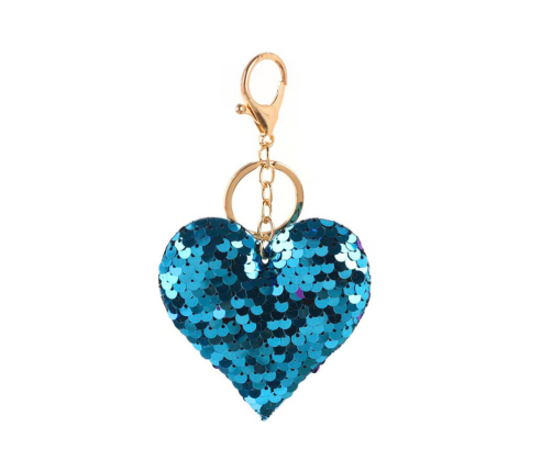 Heart Sequins Keychain Double-Sided Silver Blue