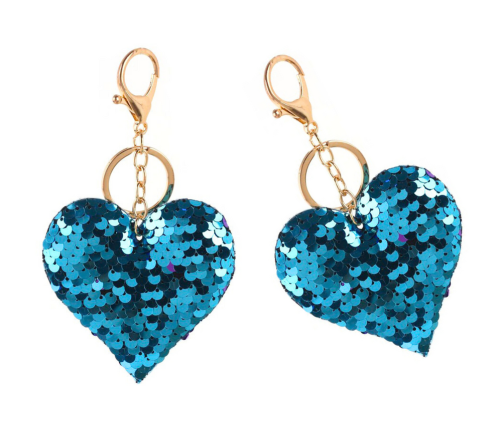 Heart Sequins Keychain Double-Sided Silver Blue