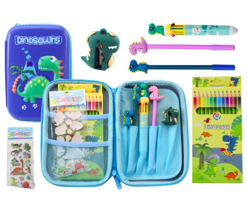 School Pencil Case with Dinosaur Blue Accessories