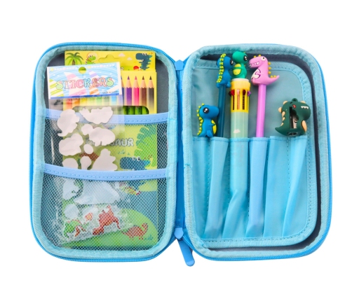 School Pencil Case with Dinosaur Blue Accessories