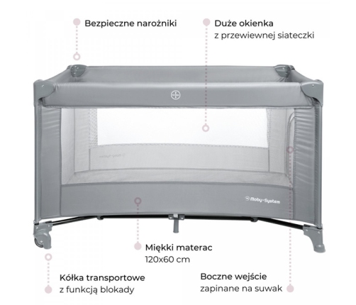 Moby System Łóżeczko Turystyczne Kojec Happy Traveller Basic Szare