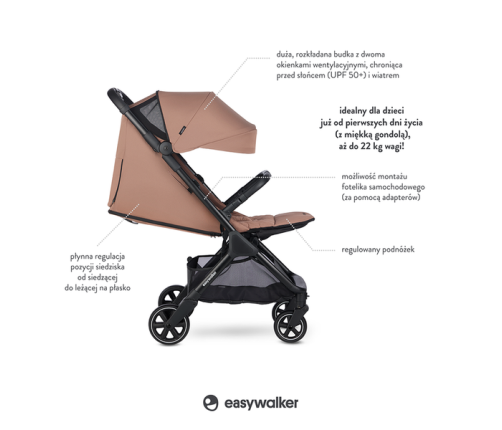 Easywalker Jackey Kompaktowy Wózek Spacerowy z Torbą Transportową Pecan Brown