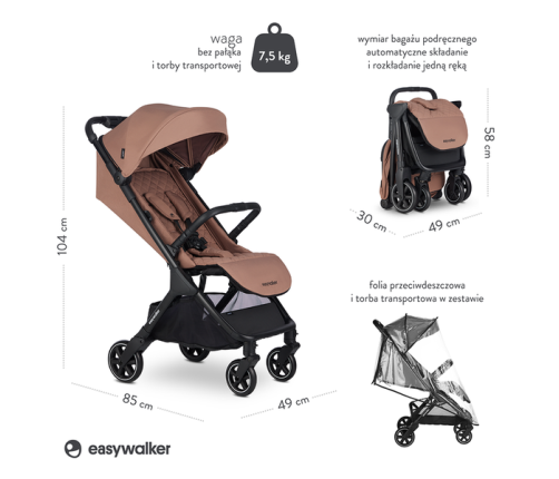 Easywalker Jackey Kompaktowy Wózek Spacerowy z Torbą Transportową Pecan Brown