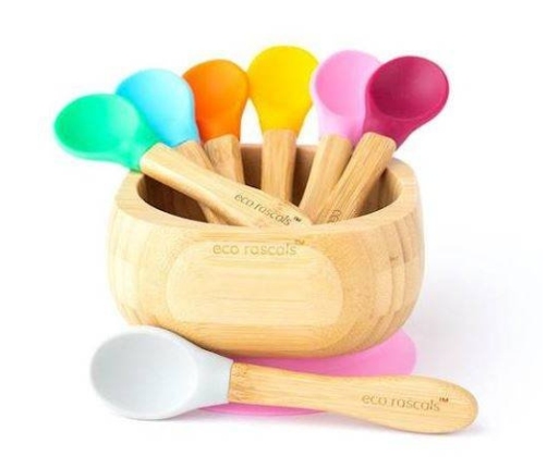 Ecorascals Zestaw 3 Łyżeczek Bambusowych z Silikonową Nakładką  Czerwona Różowa Pomarańczowa