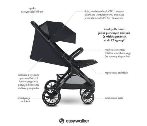 Easywalker Jackey XL Samoskładający się Wózek Spacerowy z Kołami XL Shadow Black