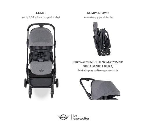Mini by Easywalker Buggy Turn Kompaktowy Wózek Spacerowy z Obrotowym Siedziskiem 360 Soho Grey