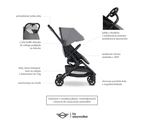 Mini by Easywalker Buggy Turn Kompaktowy Wózek Spacerowy z Obrotowym Siedziskiem 360 Soho Grey