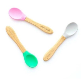 Ecorascals Zestaw 3 Łyżeczek Bambusowych z Silikonową Nakładką  Szary Różowy Zielony